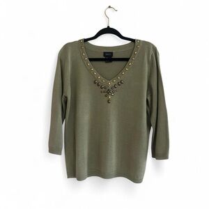 R.Q.T. Olive Green V-Neck Sweater with Studded Detail and 3/4 sleeves